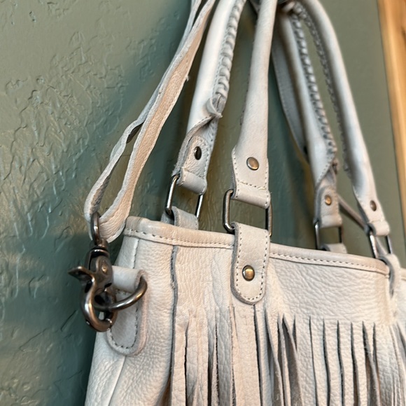 Purse: cream/white leather fringe, multiple handles, lined - Picture 4 of 12